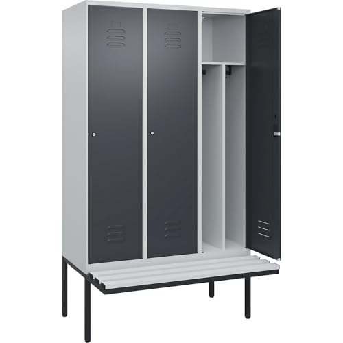 C + P Möbelsysteme C+P | Schwarz-Weiß-Spind Classic Plus Sitzbank | schmal | 3 Abteile | Trennwand verkürzt | lichtgrau/grau | B 1200 mm | Zylinderschloss | auskragend | Kunststoff von C + P Möbelsysteme