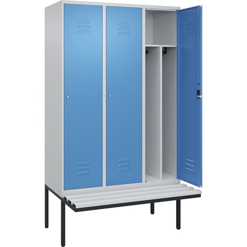 C + P Möbelsysteme C+P | Schwarz-Weiß-Spind Classic Plus Sitzbank | schmal | 3 Abteile | Trennwand verkürzt | lichtgrau/lichtblau | B 1200 mm | Zylinderschloss | auskragend | Kunststoff von C + P Möbelsysteme