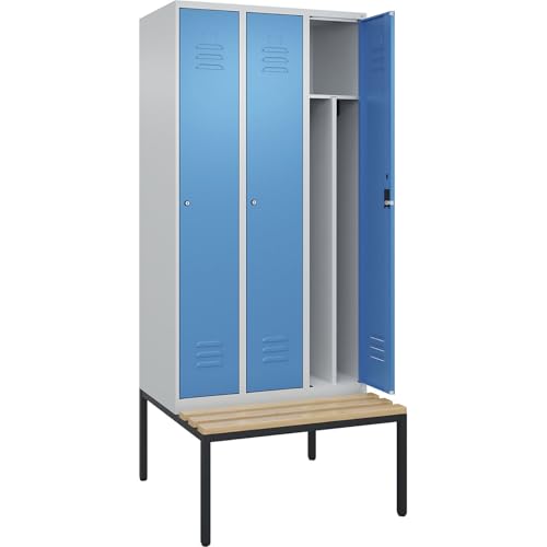 C + P Möbelsysteme C+P | Schwarz-Weiß-Spind Classic Plus Sitzbank | schmal | 3 Abteile | Trennwand verkürzt | lichtgrau/lichtblau | B 900 mm | Zylinderschloss | untergebaut | Buche-Hartholz von C + P Möbelsysteme