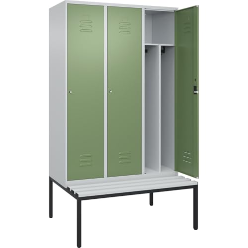 C + P Möbelsysteme C+P | Schwarz-Weiß-Spind Classic Plus Sitzbank | schmal | 3 Abteile | Trennwand verkürzt | lichtgrau/resedagrün | B 1200 mm | Zylinderschloss | untergebaut | Kunststoff von C + P Möbelsysteme