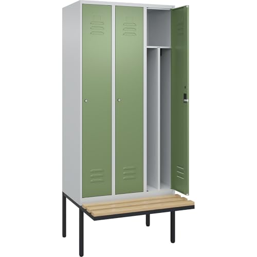 C + P Möbelsysteme C+P | Schwarz-Weiß-Spind Classic Plus Sitzbank | schmal | 3 Abteile | Trennwand verkürzt | lichtgrau/resedagrün | B 900 mm | Zylinderschloss | auskragend | Buche-Hartholz C + P Möbelsysteme C+P | Schwarz-Weiß-Spind Classic Plus Sitzbank | schmal | 3 Abteile | Trennwand verkürzt | lichtgrau/resedagrün | B 900 mm | Zylinderschloss | auskragend | Buche-Hartholz von C + P Möbelsysteme