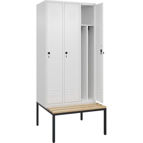 C + P Möbelsysteme C+P | Schwarz-Weiß-Spind Classic Plus Sitzbank | schmal | 3 Abteile | Trennwand verkürzt | verkehrsweiß | B 900 mm | Sicherheits-Drehriegel | untergebaut | Buche-Hartholz von C + P Möbelsysteme