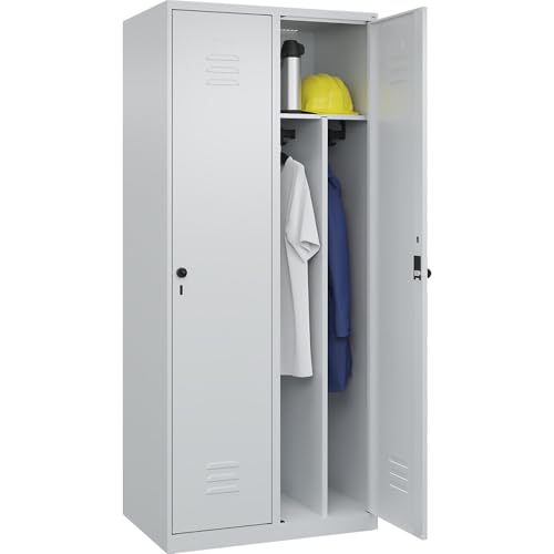C + P Möbelsysteme C+P | Schwarz-Weiß-Spind Classic Plus | schmal | 2 Abteile | Trennwand verkürzt | lichtgrau | B 800 mm | mit Bodengleitern | Drehriegel | Trennwand mittig von C + P Möbelsysteme