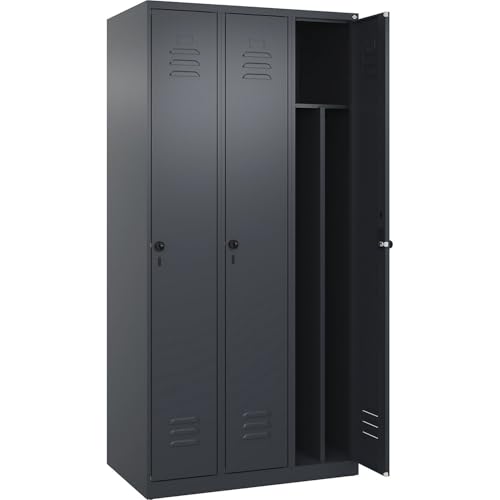 C + P Möbelsysteme C+P | Schwarz-Weiß-Spind Classic Plus | schmal | 3 Abteile | Trennwand verkürzt | grau | B 900 mm | mit Bodengleitern | Drehriegel | Trennwand mittig von C + P Möbelsysteme