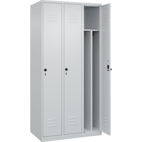 C + P Möbelsysteme C+P | Schwarz-Weiß-Spind Classic Plus | schmal | 3 Abteile | Trennwand verkürzt | lichtgrau | B 900 mm | mit Bodengleitern | Drehriegel | Trennwand mittig von C + P Möbelsysteme