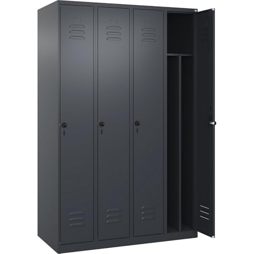 C + P Möbelsysteme C+P | Schwarz-Weiß-Spind Classic Plus | schmal | 4 Abteile | Trennwand verkürzt | grau | B 1200 mm | mit Bodengleitern | Drehriegel | Trennwand mittig von C + P Möbelsysteme