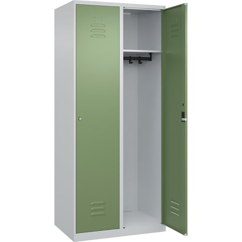 C + P Möbelsysteme C+P | Spind Classic Plus | 2 Abteile | lichtgrau/resedagrün | B 800 mm | mit Bodengleitern | Zylinderschloss von C + P Möbelsysteme