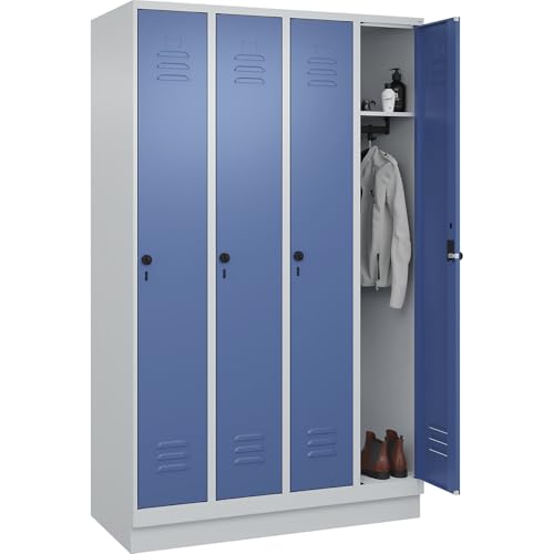 C + P Möbelsysteme C+P | Spind Classic Plus | 4 Abteile | lichtgrau/fernblau | B 1200 mm | mit Bodensockel | Drehriegel von C + P Möbelsysteme