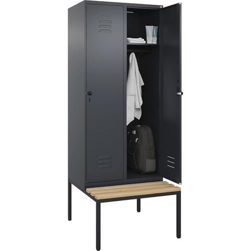 C + P Möbelsysteme C+P | Spind Classic Plus Sitzbank | 2 Abteile | grau | B 800 mm | Sicherheits-Drehriegel | untergebaut | Buche-Hartholz von C + P Möbelsysteme