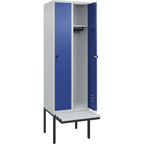 C + P Möbelsysteme C+P | Spind Classic Plus Sitzbank | 2 Abteile | lichtgrau/enzianblau | B 600 mm | Sicherheits-Drehriegel | auskragend | Kunststoff von C + P Möbelsysteme
