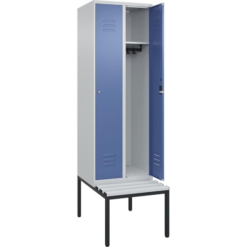C + P Möbelsysteme C+P | Spind Classic Plus Sitzbank | 2 Abteile | lichtgrau/fernblau | B 600 mm | Zylinderschloss | untergebaut | Kunststoff von C + P Möbelsysteme