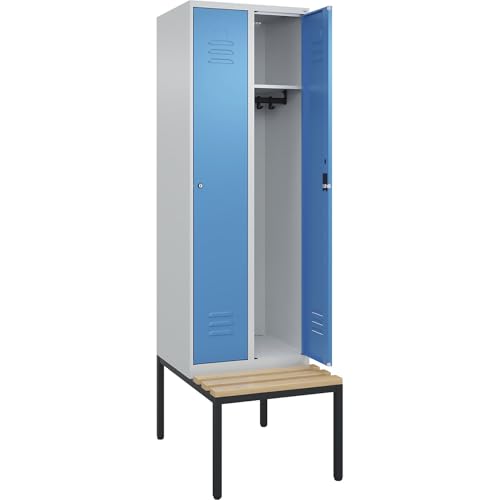 C + P Möbelsysteme C+P | Spind Classic Plus Sitzbank | 2 Abteile | lichtgrau/lichtblau | B 600 mm | Zylinderschloss | untergebaut | Buche-Hartholz von C + P Möbelsysteme
