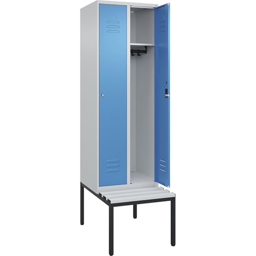 C + P Möbelsysteme C+P | Spind Classic Plus Sitzbank | 2 Abteile | lichtgrau/lichtblau | B 600 mm | Zylinderschloss | untergebaut | Kunststoff von C + P Möbelsysteme