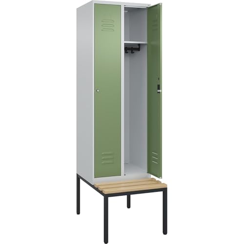 C + P Möbelsysteme C+P | Spind Classic Plus Sitzbank | 2 Abteile | lichtgrau/resedagrün | B 600 mm | Zylinderschloss | untergebaut | Buche-Hartholz von C + P Möbelsysteme