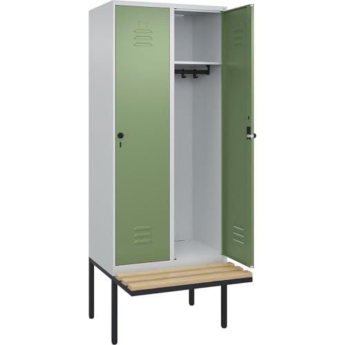 C + P Möbelsysteme C+P | Spind Classic Plus Sitzbank | 2 Abteile | lichtgrau/resedagrün | B 800 mm | Sicherheits-Drehriegel | auskragend | Buche-Hartholz von C + P Möbelsysteme