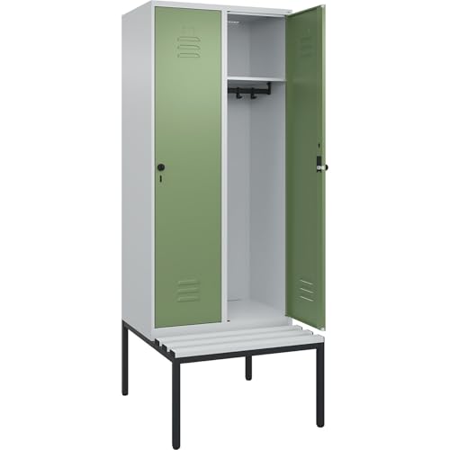 C + P Möbelsysteme C+P | Spind Classic Plus Sitzbank | 2 Abteile | lichtgrau/resedagrün | B 800 mm | Sicherheits-Drehriegel | untergebaut | Kunststoff von C + P Möbelsysteme