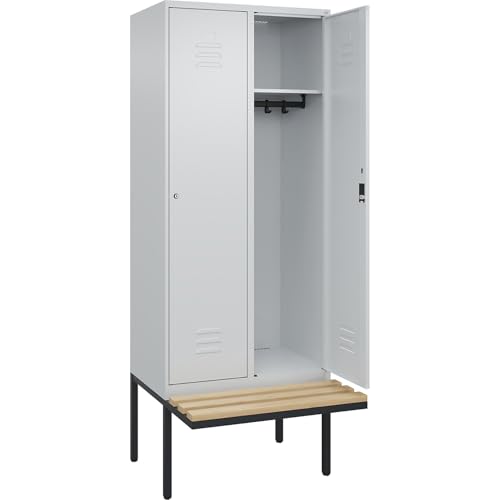 C + P Möbelsysteme C+P | Spind Classic Plus Sitzbank | 2 Abteile | lichtgrau | B 800 mm | Zylinderschloss | auskragend | Buche-Hartholz von C + P Möbelsysteme