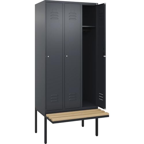 C + P Möbelsysteme C+P | Spind Classic Plus Sitzbank | 3 Abteile | grau | B 900 mm | Zylinderschloss | auskragend | Buche-Hartholz von C + P Möbelsysteme