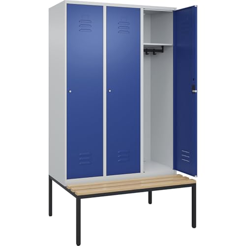 C + P Möbelsysteme C+P | Spind Classic Plus Sitzbank | 3 Abteile | lichtgrau/enzianblau | B 1200 mm | Zylinderschloss | untergebaut | Buche-Hartholz von C + P Möbelsysteme