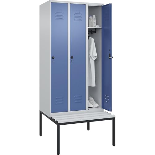 C + P Möbelsysteme C+P | Spind Classic Plus Sitzbank | 3 Abteile | lichtgrau/fernblau | B 900 mm | Sicherheits-Drehriegel | untergebaut | Kunststoff von C + P Möbelsysteme