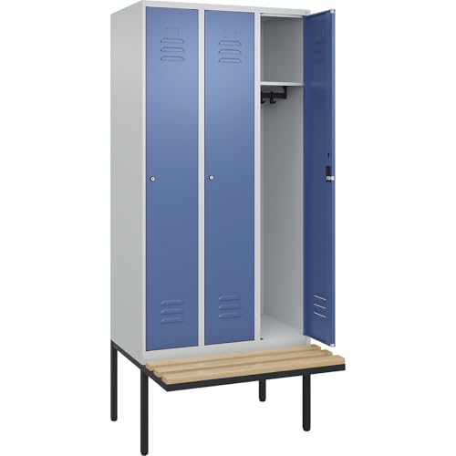 C + P Möbelsysteme C+P | Spind Classic Plus Sitzbank | 3 Abteile | lichtgrau/fernblau | B 900 mm | Zylinderschloss | auskragend | Buche-Hartholz von C + P Möbelsysteme