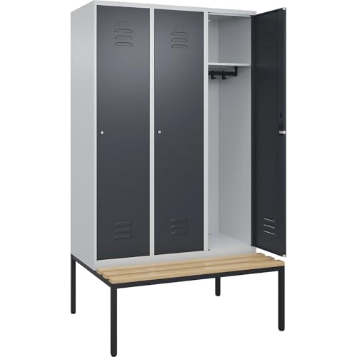 C + P Möbelsysteme C+P | Spind Classic Plus Sitzbank | 3 Abteile | lichtgrau/grau | B 1200 mm | Zylinderschloss | untergebaut | Buche-Hartholz von C + P Möbelsysteme