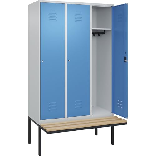 C + P Möbelsysteme C+P | Spind Classic Plus Sitzbank | 3 Abteile | lichtgrau/lichtblau | B 1200 mm | Zylinderschloss | auskragend | Buche-Hartholz von C + P Möbelsysteme