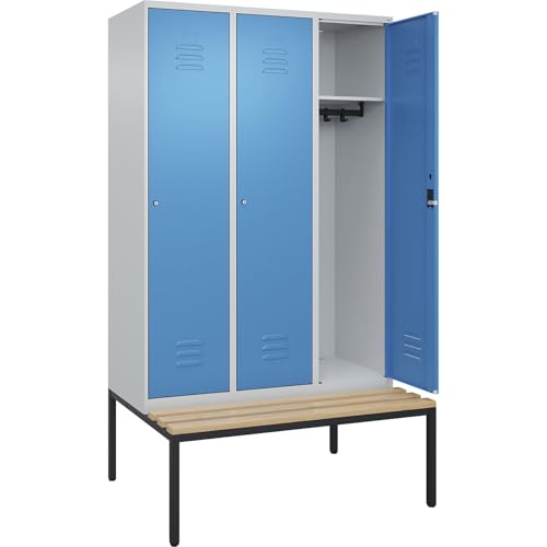 C + P Möbelsysteme C+P | Spind Classic Plus Sitzbank | 3 Abteile | lichtgrau/lichtblau | B 1200 mm | Zylinderschloss | untergebaut | Buche-Hartholz von C + P Möbelsysteme
