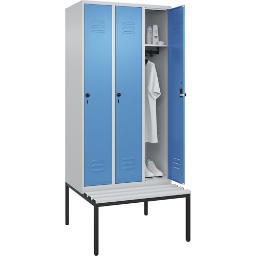 C + P Möbelsysteme C+P | Spind Classic Plus Sitzbank | 3 Abteile | lichtgrau/lichtblau | B 900 mm | Sicherheits-Drehriegel | untergebaut | Kunststoff von C + P Möbelsysteme