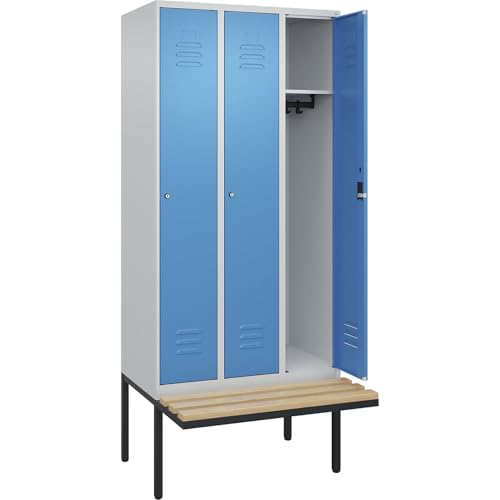 C + P Möbelsysteme C+P | Spind Classic Plus Sitzbank | 3 Abteile | lichtgrau/lichtblau | B 900 mm | Zylinderschloss | auskragend | Buche-Hartholz von C + P Möbelsysteme