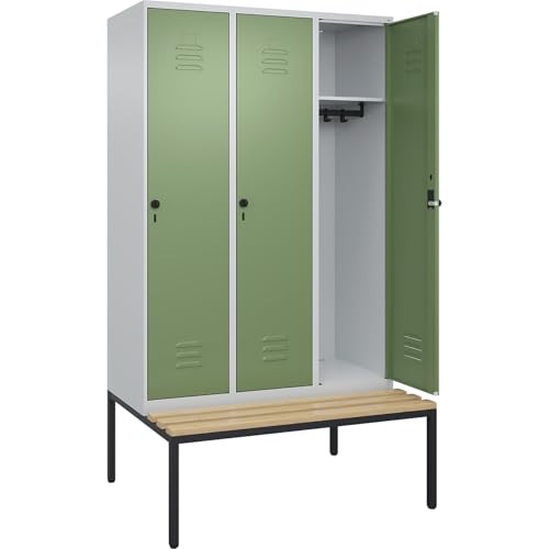 C + P Möbelsysteme C+P | Spind Classic Plus Sitzbank | 3 Abteile | lichtgrau/resedagrün | B 1200 mm | Sicherheits-Drehriegel | untergebaut | Buche-Hartholz von C + P Möbelsysteme