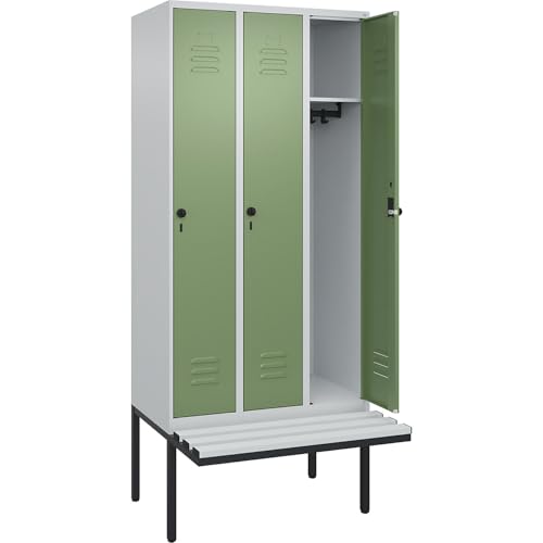 C + P Möbelsysteme C+P | Spind Classic Plus Sitzbank | 3 Abteile | lichtgrau/resedagrün | B 900 mm | Sicherheits-Drehriegel | auskragend | Kunststoff von C + P Möbelsysteme