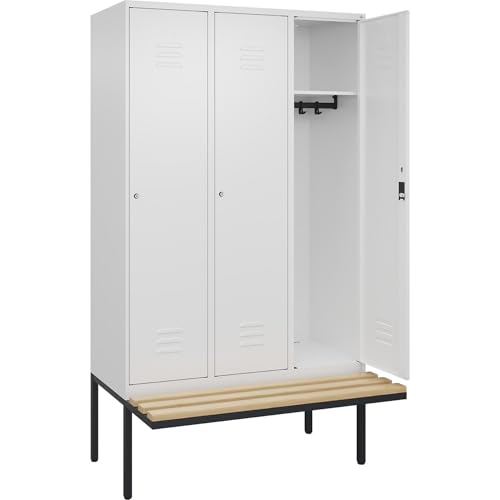 C + P Möbelsysteme C+P | Spind Classic Plus Sitzbank | 3 Abteile | verkehrsweiß | B 1200 mm | Zylinderschloss | auskragend | Buche-Hartholz von C + P Möbelsysteme