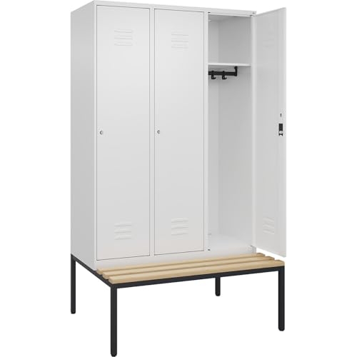 C + P Möbelsysteme C+P | Spind Classic Plus Sitzbank | 3 Abteile | verkehrsweiß | B 1200 mm | Zylinderschloss | untergebaut | Buche-Hartholz von C + P Möbelsysteme