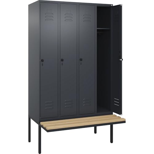 C + P Möbelsysteme C+P | Spind Classic Plus Sitzbank | 4 Abteile | grau | B 1200 mm | Sicherheits-Drehriegel | auskragend | Buche-Hartholz von C + P Möbelsysteme