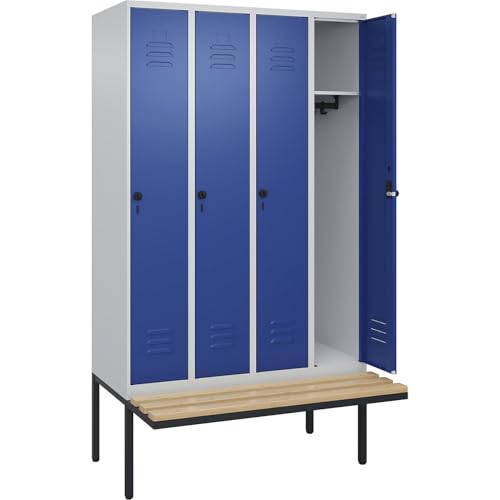 C + P Möbelsysteme C+P | Spind Classic Plus Sitzbank | 4 Abteile | lichtgrau/enzianblau | B 1200 mm | Sicherheits-Drehriegel | auskragend | Buche-Hartholz von C + P Möbelsysteme