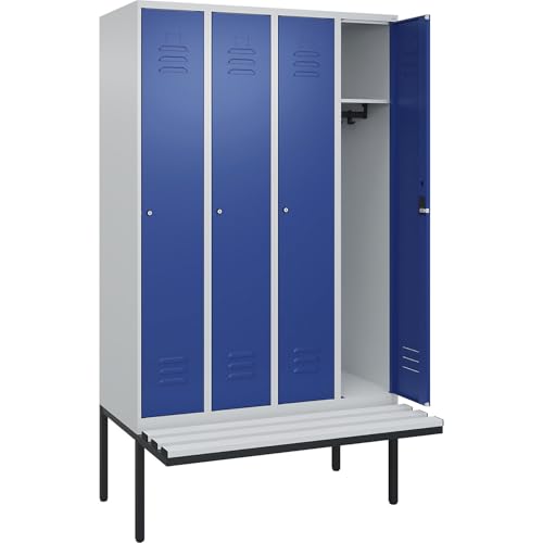 C + P Möbelsysteme C+P | Spind Classic Plus Sitzbank | 4 Abteile | lichtgrau/enzianblau | B 1200 mm | Zylinderschloss | auskragend | Kunststoff von C + P Möbelsysteme