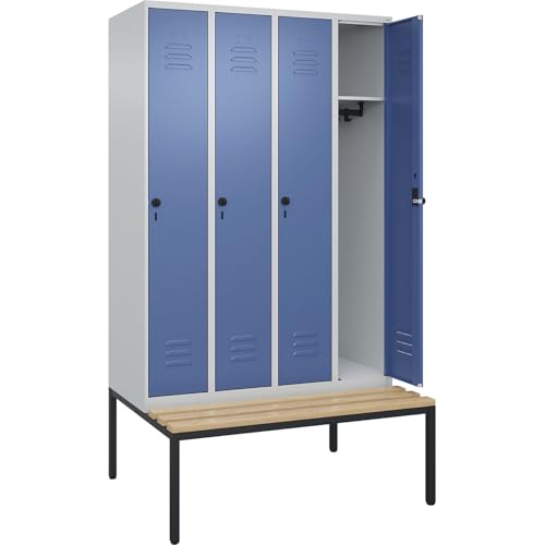 C + P Möbelsysteme C+P | Spind Classic Plus Sitzbank | 4 Abteile | lichtgrau/fernblau | B 1200 mm | Sicherheits-Drehriegel | untergebaut | Buche-Hartholz von C + P Möbelsysteme