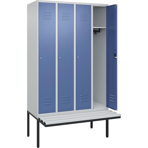 C + P Möbelsysteme C+P | Spind Classic Plus Sitzbank | 4 Abteile | lichtgrau/fernblau | B 1200 mm | Zylinderschloss | auskragend | Kunststoff von C + P Möbelsysteme