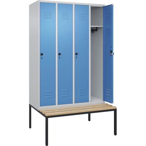 C + P Möbelsysteme C+P | Spind Classic Plus Sitzbank | 4 Abteile | lichtgrau/lichtblau | B 1200 mm | Sicherheits-Drehriegel | untergebaut | Buche-Hartholz von C + P Möbelsysteme