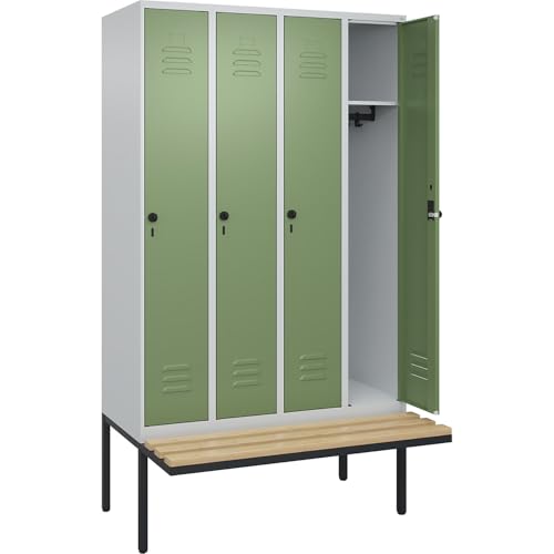 C + P Möbelsysteme C+P | Spind Classic Plus Sitzbank | 4 Abteile | lichtgrau/resedagrün | B 1200 mm | Sicherheits-Drehriegel | auskragend | Buche-Hartholz von C + P Möbelsysteme