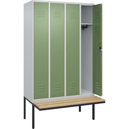 C + P Möbelsysteme C+P | Spind Classic Plus Sitzbank | 4 Abteile | lichtgrau/resedagrün | B 1200 mm | Zylinderschloss | auskragend | Buche-Hartholz von C + P Möbelsysteme