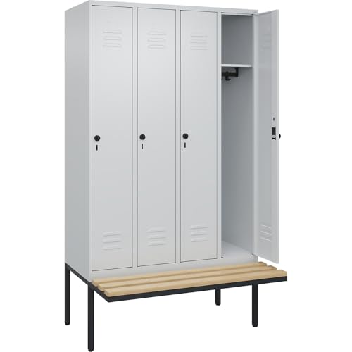 C + P Möbelsysteme C+P | Spind Classic Plus Sitzbank | 4 Abteile | lichtgrau | B 1200 mm | Sicherheits-Drehriegel | auskragend | Buche-Hartholz von C + P Möbelsysteme