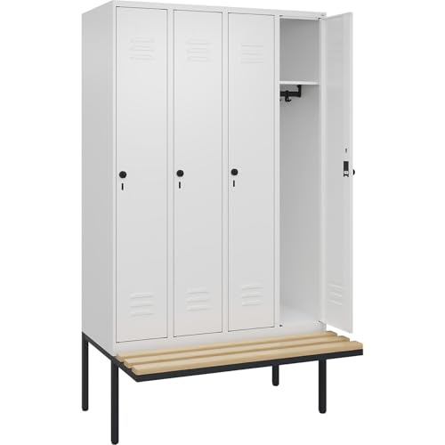 C + P Möbelsysteme C+P | Spind Classic Plus Sitzbank | 4 Abteile | verkehrsweiß | B 1200 mm | Sicherheits-Drehriegel | auskragend | Buche-Hartholz von C + P Möbelsysteme