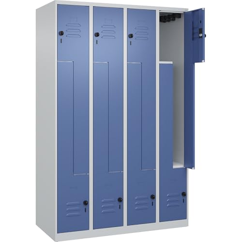 C + P Möbelsysteme C+P | Z-Spind Classic Plus | 4 Abteile | lichtgrau/fernblau | B 1200 mm | mit Bodengleitern | Drehriegel von C + P Möbelsysteme