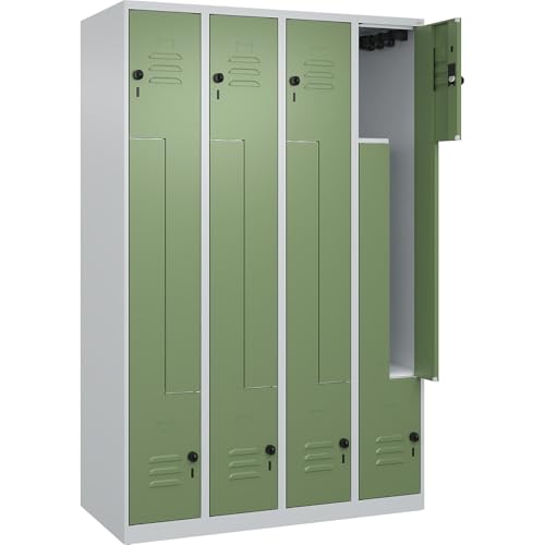 C + P Möbelsysteme C+P | Z-Spind Classic Plus | 4 Abteile | lichtgrau/resedagrün | B 1200 mm | mit Bodengleitern | Drehriegel von C + P Möbelsysteme
