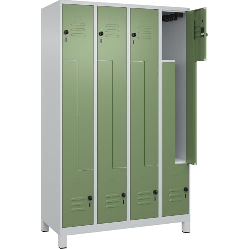 C + P Möbelsysteme C+P | Z-Spind Classic Plus | 4 Abteile | lichtgrau/resedagrün | B 1200 mm | mit Füßen | Drehriegel von C + P Möbelsysteme