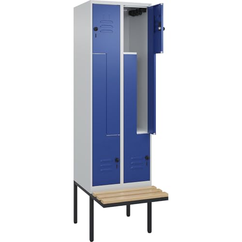 C + P Möbelsysteme C+P | Z-Spind Classic Plus Sitzbank | 2 Abteile | lichtgrau/enzianblau | B 600 mm | Sicherheits-Drehriegel | auskragend | Buche-Hartholz von C + P Möbelsysteme