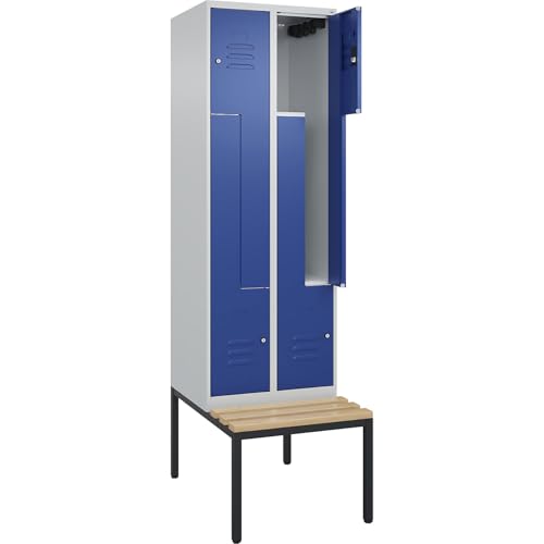 C + P Möbelsysteme C+P | Z-Spind Classic Plus Sitzbank | 2 Abteile | lichtgrau/enzianblau | B 600 mm | Zylinderschloss | untergebaut | Buche-Hartholz von C + P Möbelsysteme