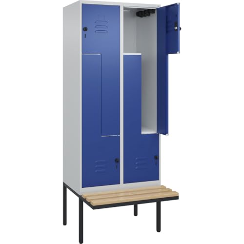 C + P Möbelsysteme C+P | Z-Spind Classic Plus Sitzbank | 2 Abteile | lichtgrau/enzianblau | B 800 mm | Sicherheits-Drehriegel | auskragend | Buche-Hartholz von C + P Möbelsysteme